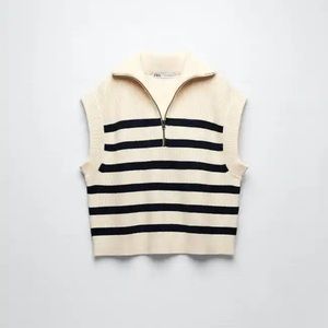 ZARA WOMAN STRIPED KNIT VEST ECRU / NAVY